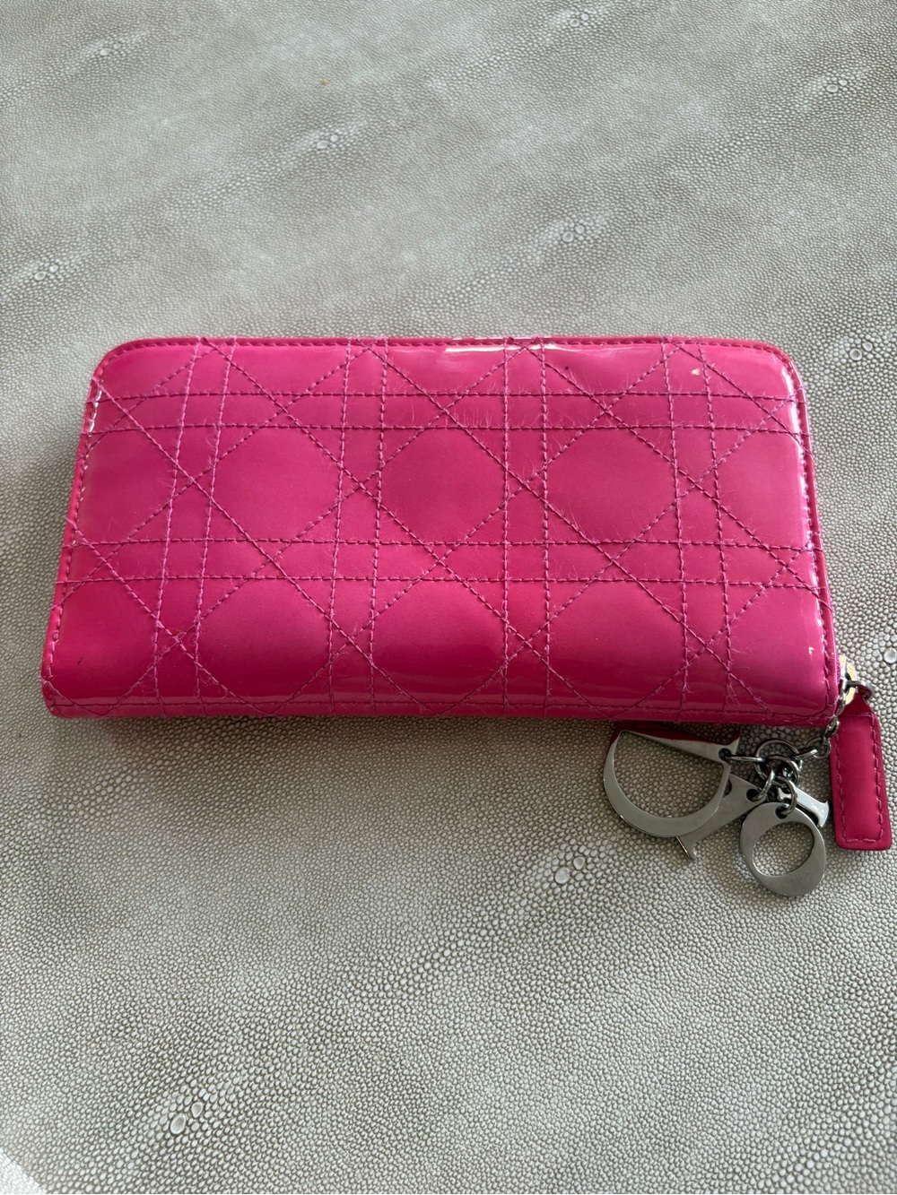 Dior Hot Pink Quilted Patent Zip-Around Wallet with Charm